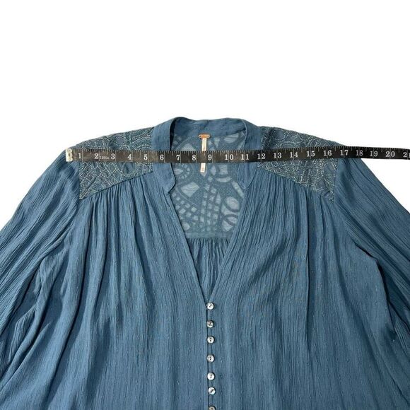 Free People Blue XSmall V-Neck Long Sleeves Canyon Rose Peasant Blouse women’s b - Picture 10 of 13